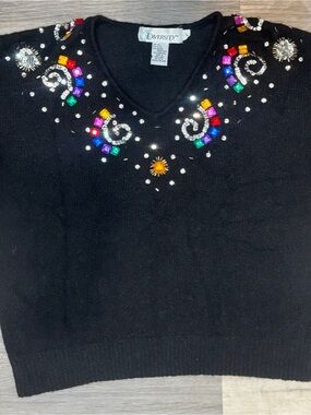 Vintage Diversity Black Silk Mohair Blend V-Neck Sweater w/ Jewel Accents